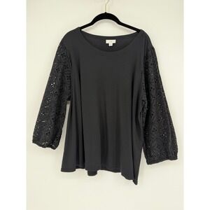 J. Jill Black Eyelet Embroidered Sleeve Top Cotton Modal Blend Plus Size 2X